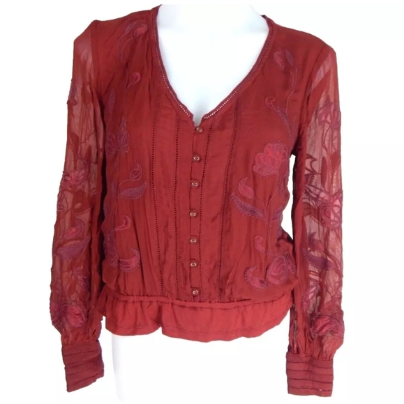 Anthropologie Red Floral Embroidered Button Down Top - Picture 2 of 4